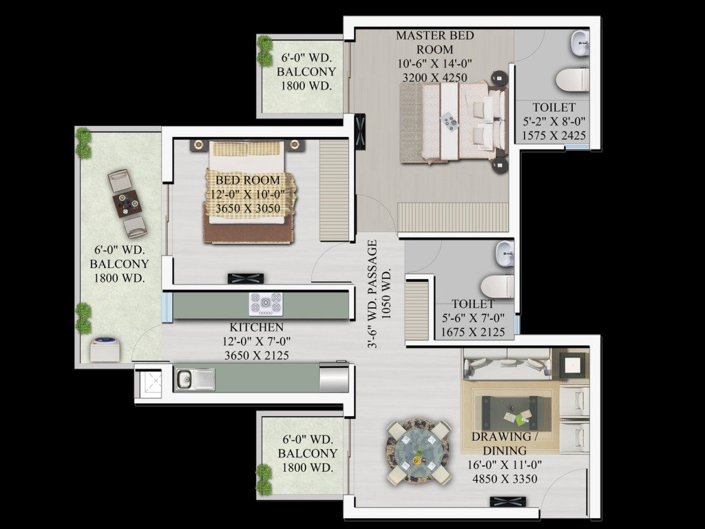 2 BHK - 1,200 sq.ft.