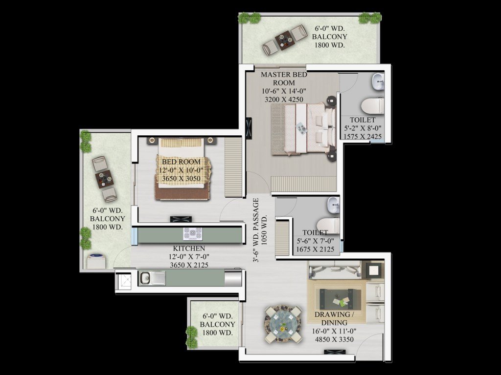 2 BHK - 1,275 sq.ft.